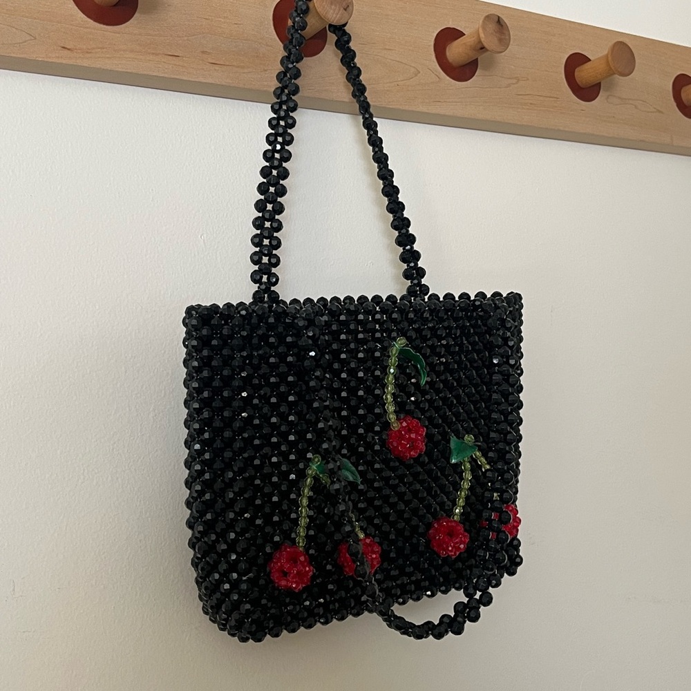 Susan Alexandra Black Beaded Tote with Red Cherry Motif - Picture 3 of 5